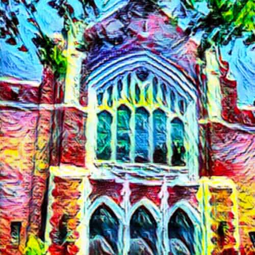 A colorful, stylized painting of First Presbyterian Baton Rouge with arched windows and a decorative façade, surrounded by trees.