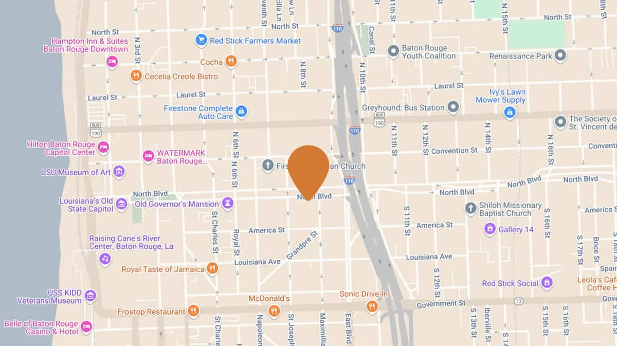A map showing downtown Baton Rouge, with an orange marker near North Blvd and 4th, close to First Presbyterian Baton Rouge.