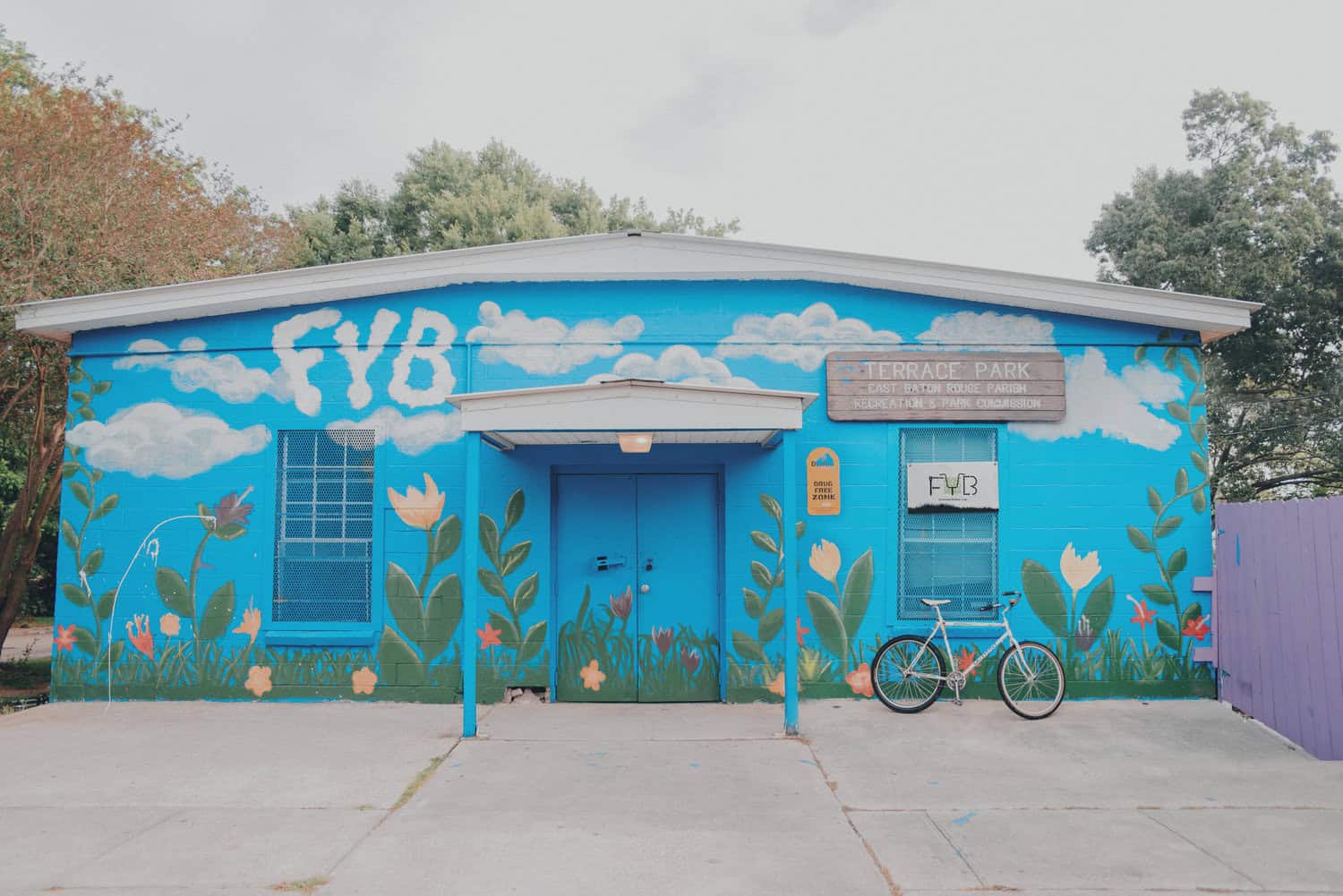 A blue building with a flower mural, a bike out front, and a "Terrace Park" sign—near First Presbyterian Baton Rouge.