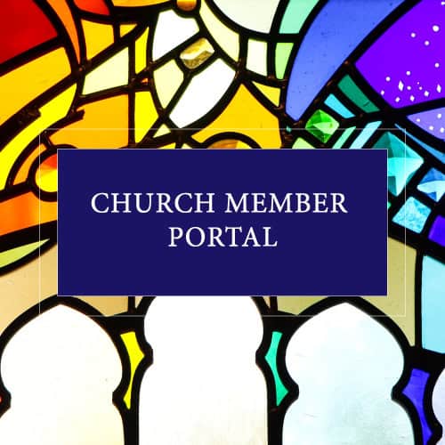 Stained glass window background with a blue box in the center reading "CHURCH MEMBER PORTAL" for First Presbyterian Baton Rouge.