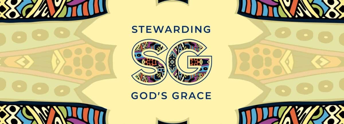 Text “Stewarding God’s Grace” with the bold “SG” centered on a colorful abstract background for First Presbyterian Baton Rouge.