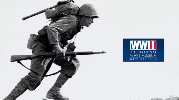 A World War II soldier in uniform runs with a rifle and backpack. At right, the WWII Museum New Orleans logo is displayed for FPCBR Prime Time Club.