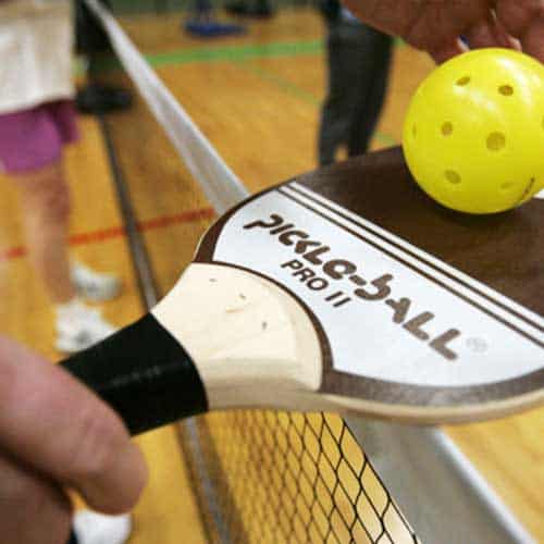 A close-up of a Pickleball Pro II paddle and yellow ball near a net at First Presbyterian Baton Rouge’s indoor court.