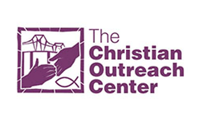 Logo for The Christian Outreach Center with two hands, cross, building outline, and fish in purple for First Presbyterian Baton Rouge.