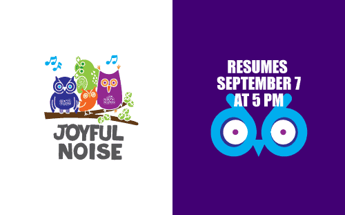 A graphic with three colorful owls and "JOYFUL NOISE Children's Choir" on the left, event details and a blue owl on the right for Sunday September 7.