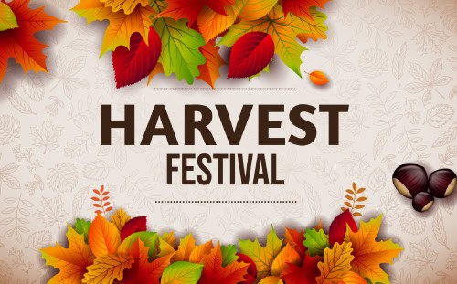 Harvest Festival text surrounded by colorful autumn leaves and chestnuts, celebrating internationals on a beige background with a leaf pattern.