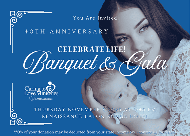 Invitation for Caring to Love Banquet’s 40th Anniversary Gala, featuring Elisabeth Hasselbeck and a woman holding a baby, with event details listed.
