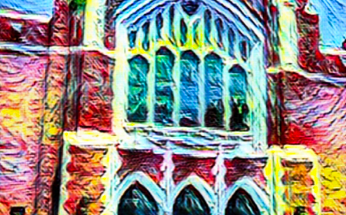 A digitally altered image of a brick building facade evokes 1812 church history with tall arched windows and decorative architectural details.