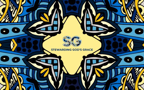 Abstract blue and yellow geometric pattern featuring “SG Stewarding God’s Grace” text in the center, perfect for November 16 Dedication Sunday.