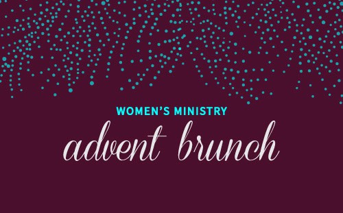 Text displays "Women's Ministry Advent Brunch" on a burgundy background, accented with blue dot decorations at the top.