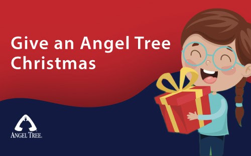 Illustration of a smiling girl with glasses holding a wrapped gift, next to text that reads "Angels Landing at First Presbyterian Christmas.