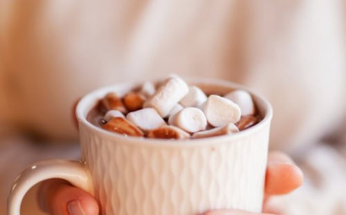 A hand holds a white textured mug filled with hot chocolate topped with several mini marshmallows.