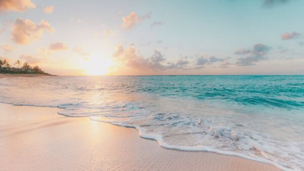 Sunset over a sandy beach with gentle waves and palm trees in the distance, capturing the spirit of a perfect summer camp evening.