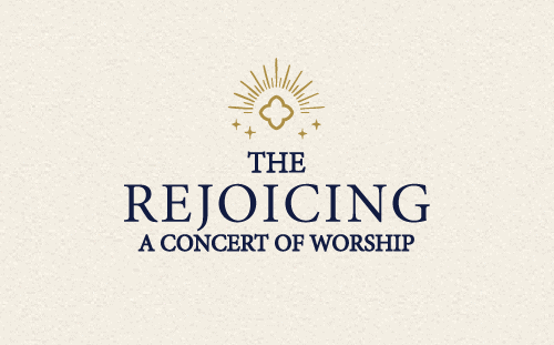A graphic with a sunburst and cloud icon above the text "The Rejoicing: Concert of Worship" on a textured beige background.