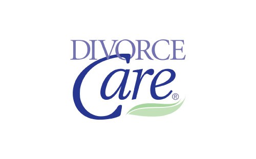 DivorceCare logo: "Divorce" in purple, "Care" in blue, green leaf under the C—ideal for a Divorce Support Group at First Presbyterian.