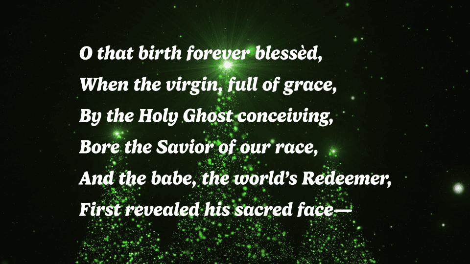 Text in white cursive font over a green sparkling background resembling a Christmas tree, with 