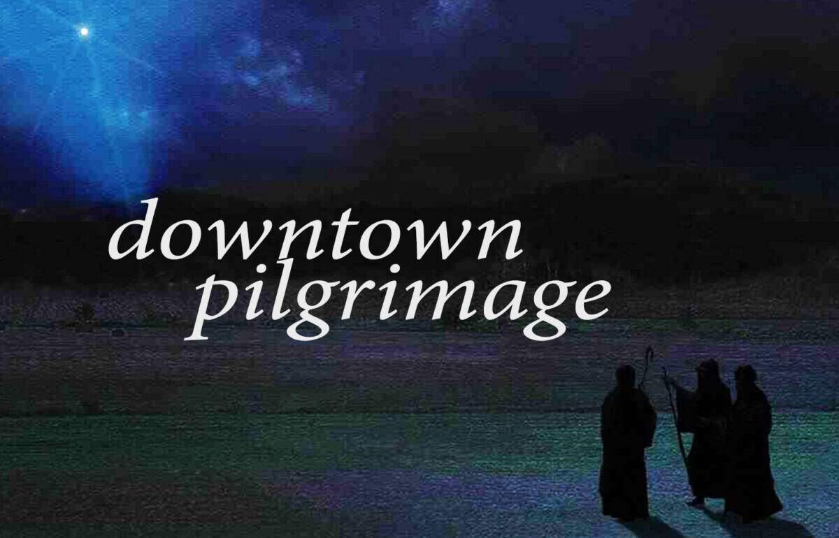 Three silhouetted figures walk at night under a blue star-lit sky, with “Downtown Pilgrimage” marking the annual First Presbyterian event.