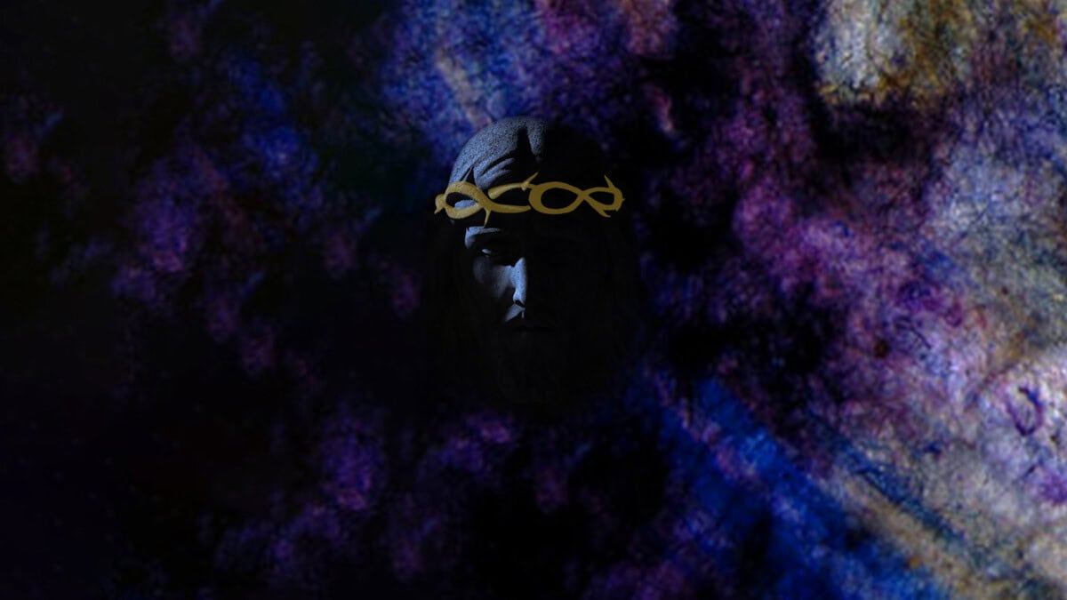 A dark stone face with a gold crown floats in front of a swirling purple and blue space-like background.