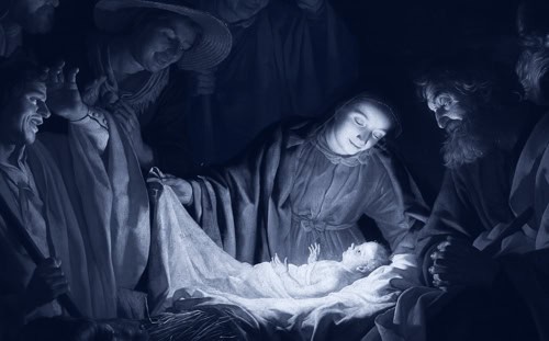 A group of people gathers around a newborn baby in a manger, illuminated softly—capturing the wonder of Christmas Worship Times.