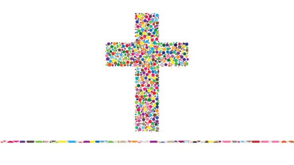 A cross shape filled with colorful dots, symbolizing Ash Wednesday, above a line of matching dots on a white background.