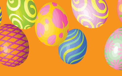 Illustrated Easter eggs with colorful patterns on an orange background, perfect for Egg Hunt or other fun Children's Activities.