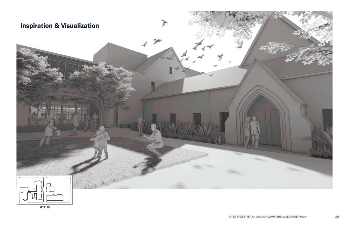 Black-and-white rendering of a church courtyard, part of the Campus Master Plan, with people walking and trees casting shadows on the ground.