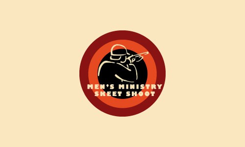 Logo features a person aiming a shotgun inside red and orange circles, with “Men's Ministry Skeet Shoot” text below.