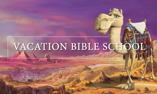 A cartoon camel stands in a desert landscape with pyramids behind, inviting kids to Children's Ministry Vacation Bible School.
