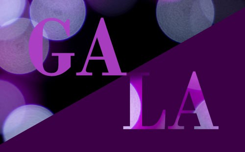 The word "GALA" in large purple letters is split diagonally, highlighting the Bold Future Gala against blurred purple and white lights.