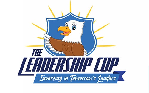 Cartoon bald eagle in front of a blue shield with sun rays, text reads "Gardere School Leadership Cup: Investing in Tomorrow's Leaders.