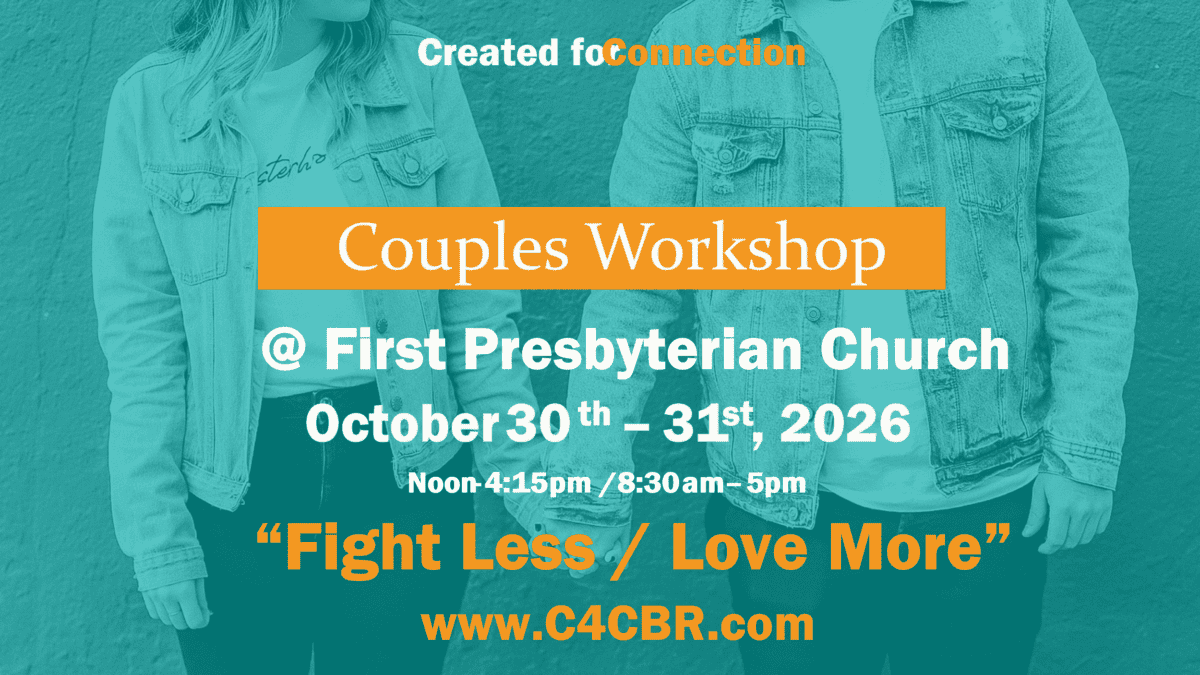 Two people in denim jackets stand behind text promoting the Couples Workshop: Created for Connection at First Presbyterian, October 30-31, 2026.